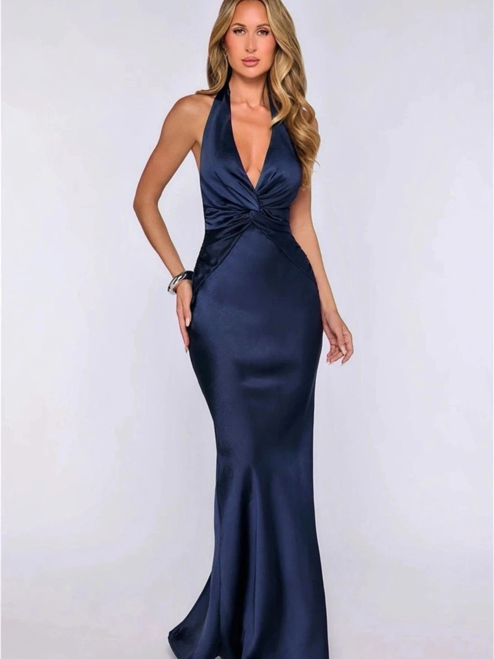 House of CB Avelina Blue Satin Halter Neck Godet Maxi Dress Maxi Dress